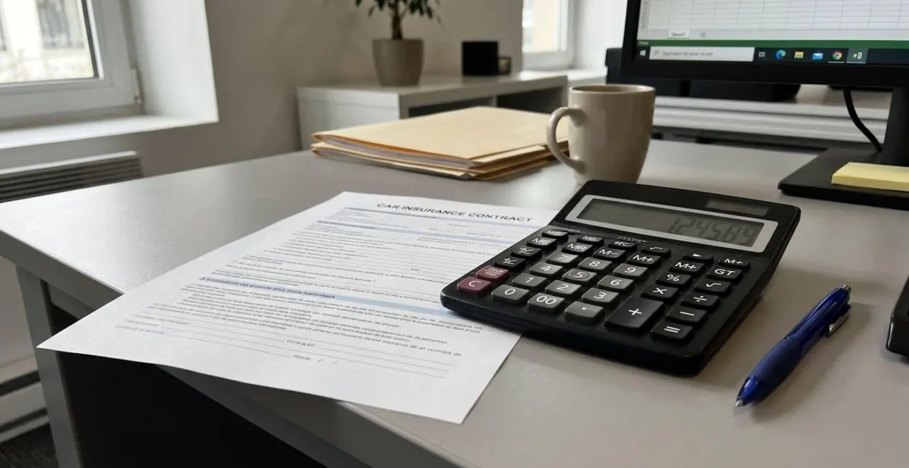 Gros plan sur un document contractuel d'assurance automobile avec montants manuscrits et calculatrice posée sur un bureau ordinaire