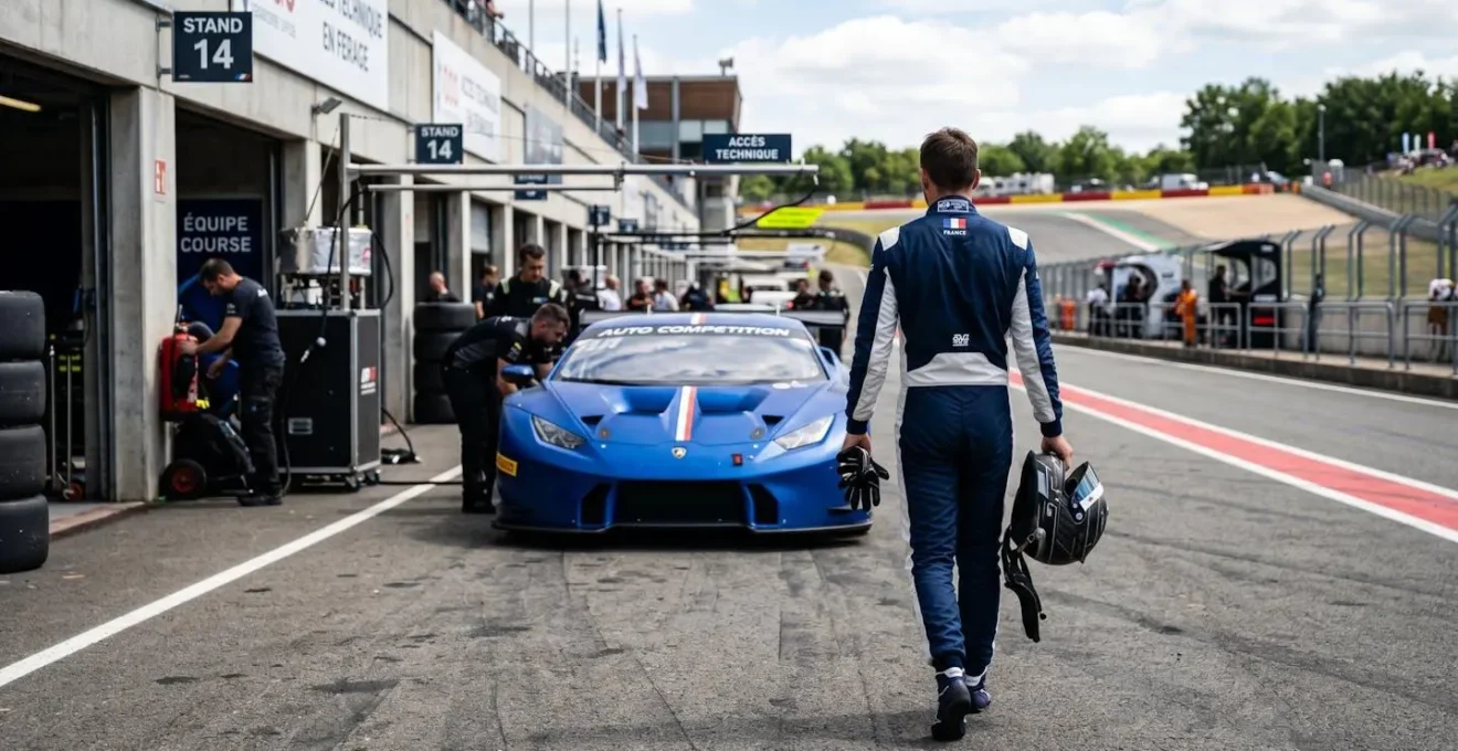 Pilote amateur en combinaison de course moderne marchant de dos vers sa voiture de sport sur le paddock d'un circuit automobile européen, en plein jour avec lumière naturelle