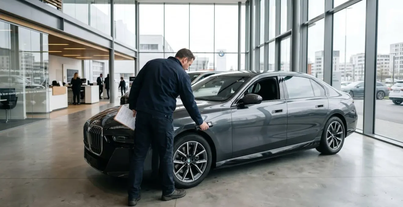 Intérieur d'un showroom automobile contemporain européen avec expert automobile examinant une voiture de luxe, vue de dos avec bloc-notes